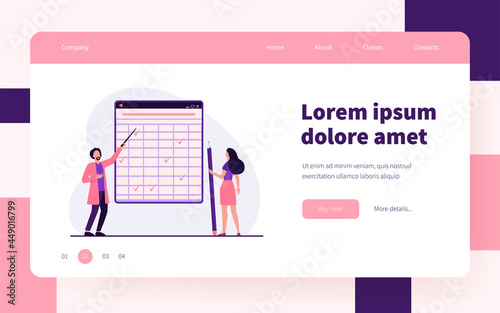 Tiny people looking at checkmarks in huge table. Pencil, woman, mark flat vector illustration. Report and digital technology concept for banner, website design or landing web page