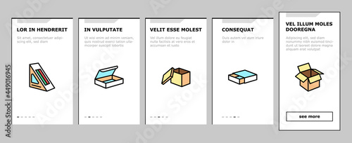 Box Carton Container Onboarding Mobile App Page Screen Vector. Sushi Delivering And Pizza, Box For Tea And Coffee, Mobile Phone And Tv Plazma Illustrations
