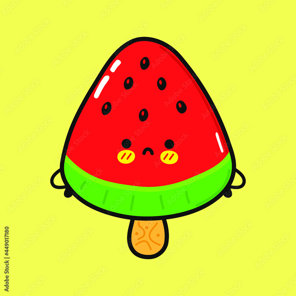 Cute sad watermelon ice cream character. Vector hand drawn cartoon kawaii character illustration icon. Isolated on yellow background. Watermelon ice cream character concept Cute sad watermelon ice cream character. Vector hand drawn cartoon kawaii character illustration icon. Isolated on yellow background. Watermelon ice cream character concept