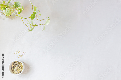 Blank minimalist space frame. Home office desk workspace with succulent, white lace scarf and paper clips on white background with space for text. Flat lay, top view. Girl boss concept.