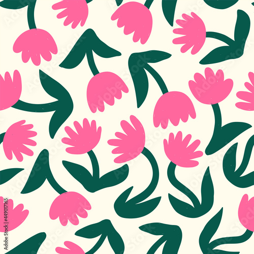 Modern pattern with simple pink flowers. Cute naive print for textile, dresses, wallpaper and ect.