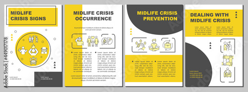 Midlife crisis prevention brochure template. Psychotherapist help. Flyer, booklet, leaflet print, cover design with linear icons. Vector layouts for presentation, annual reports, advertisement pages
