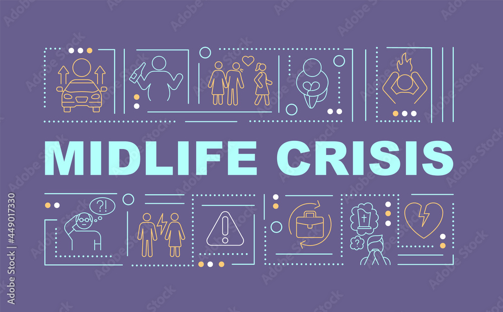 Midlife crisis prevention word concepts banner. Aging problem. Infographics with linear icons on purple background. Isolated creative typography. Vector outline color illustration with text