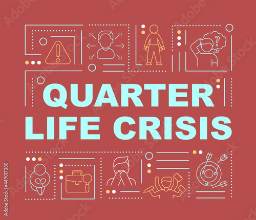 Quarter life crisis signs word concepts banner. Choosing life direction. Infographics with linear icons on red background. Isolated creative typography. Vector outline color illustration with text