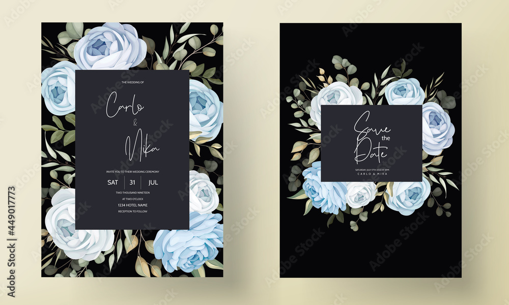 elegant blue floral wedding invitation template