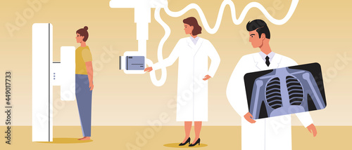 X-ray examination, doctors with patient, flat vector stock illustration with x-ray machine and lung examination as health care photo