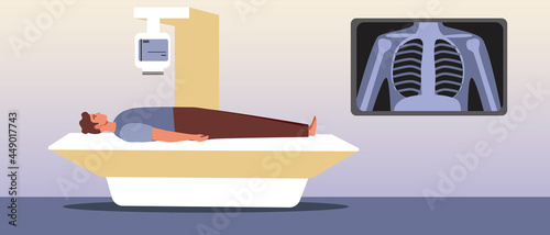 X-ray examination, scan of lungs or ribs, Flat vector stock illustration with X-ray machine and bedside patient
