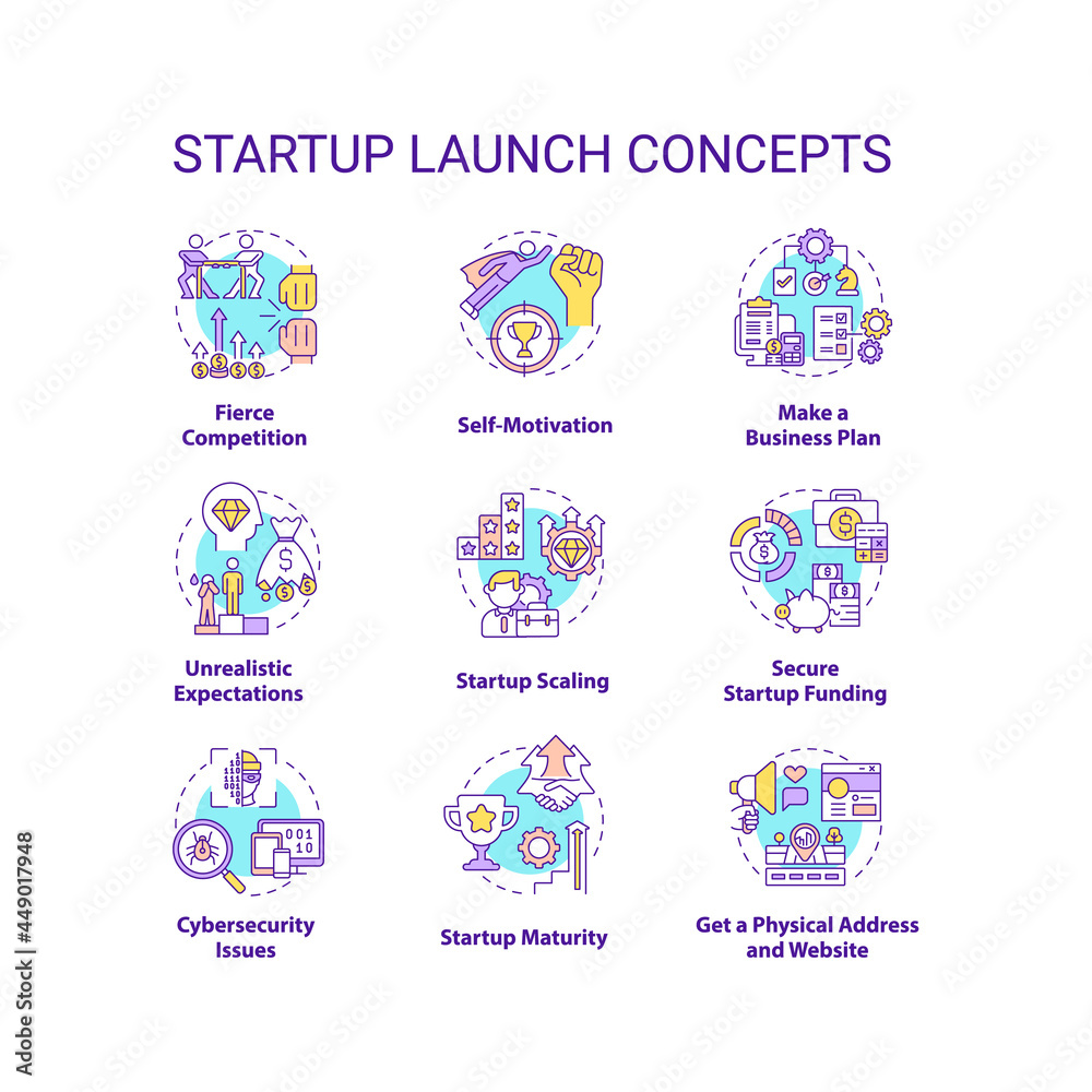 Startup launch concept icons set. Fierce competition. Self motivation. Make business plan. Entrepreneurship idea thin line color illustrations. Vector isolated outline drawings. Editable stroke Startup launch concept icons set. Fierce competition. Self motivation. Make business plan. Entrepreneurship idea thin line color illustrations. Vector isolated outline drawings. Editable stroke