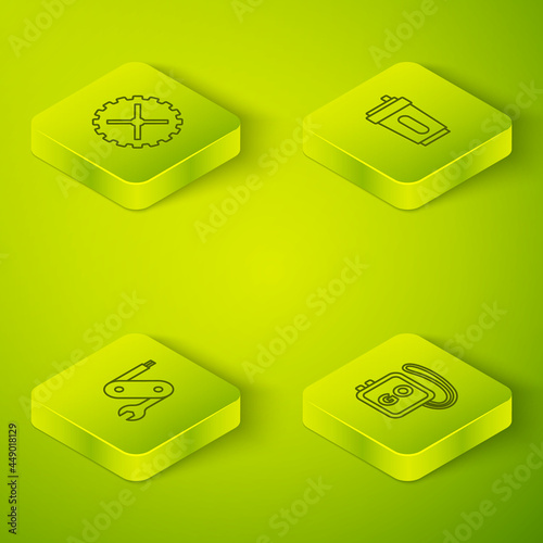 Set Isometric line Sport bottle with water, Swiss army knife, Stopwatch and Bicycle sprocket crank icon. Vector