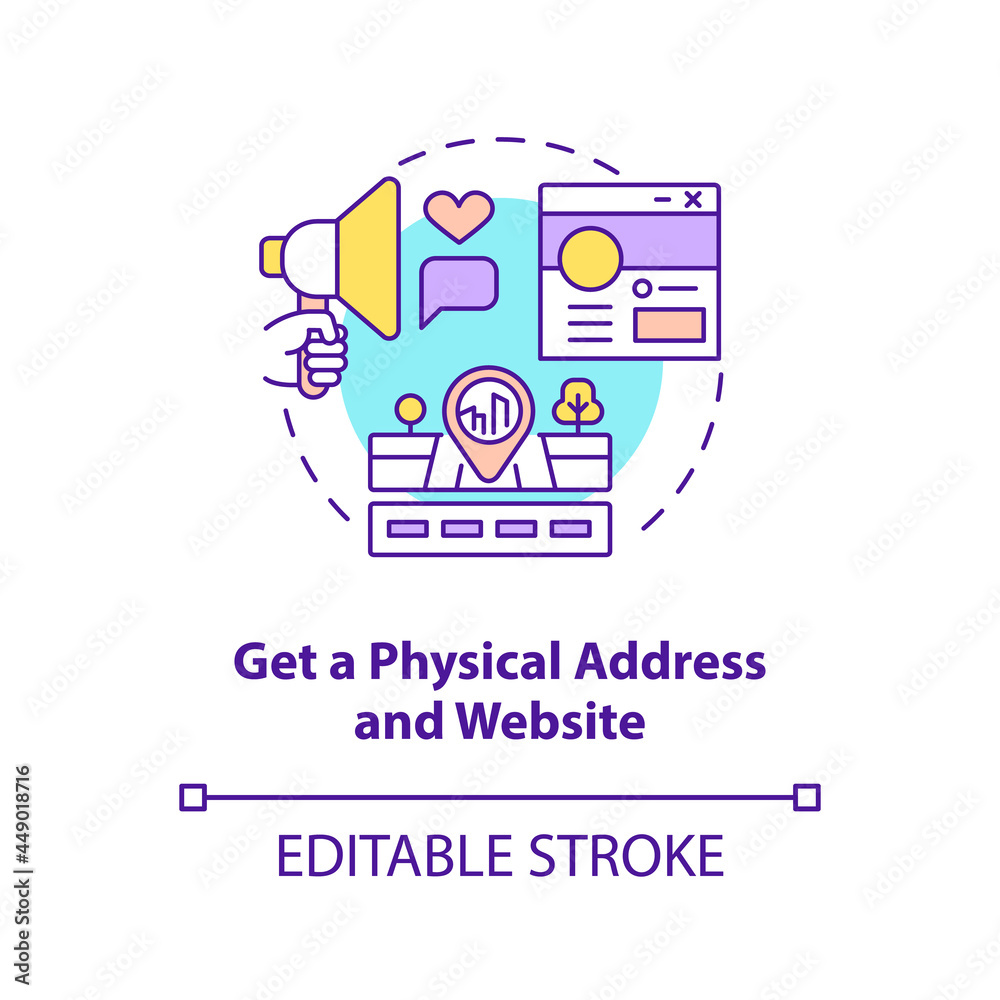 Physical address and website concept icon. Business development steps. Project promotion. Startup launch abstract idea thin line illustration. Vector isolated outline color drawing. Editable stroke Physical address and website concept icon. Business development steps. Project promotion. Startup launch abstract idea thin line illustration. Vector isolated outline color drawing. Editable stroke