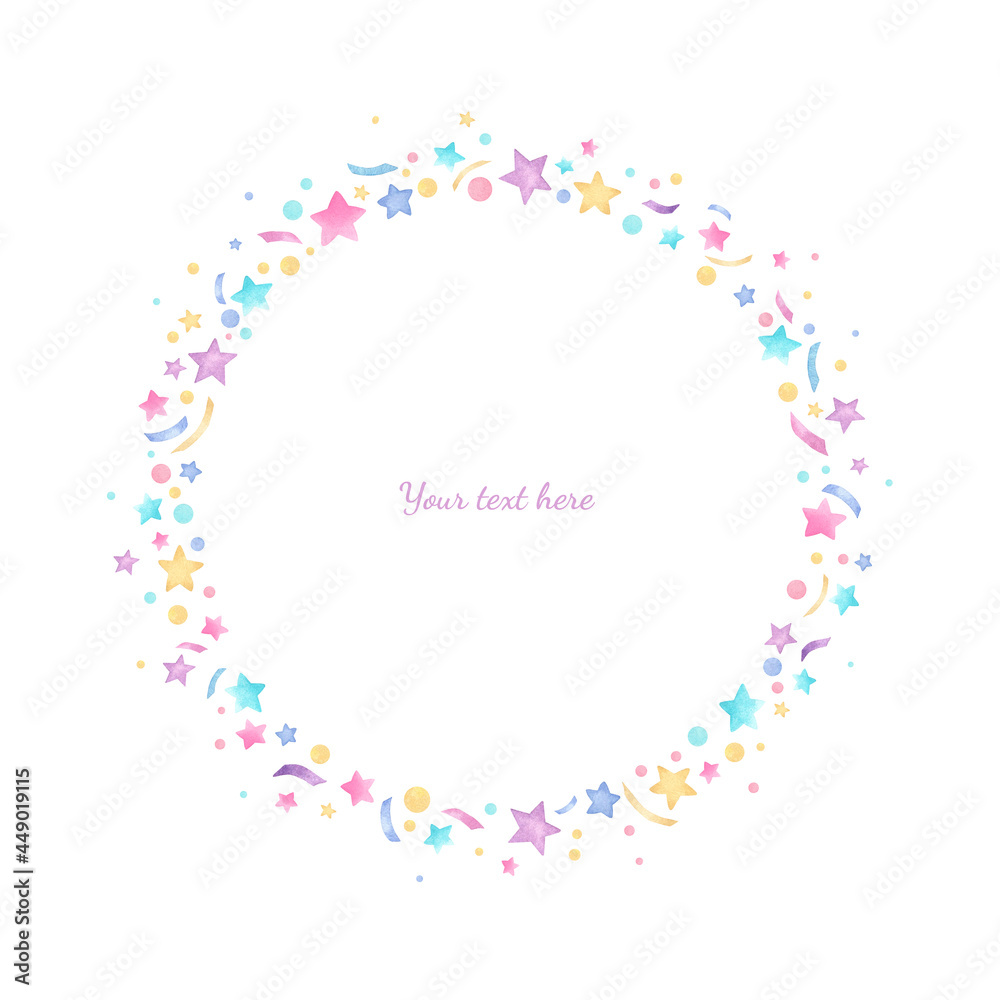 Hand drawn round watercolor frame for your design. Cute festive  frame with watercolor elements on white background. Pink, blur, violet stars. Cute festive card.