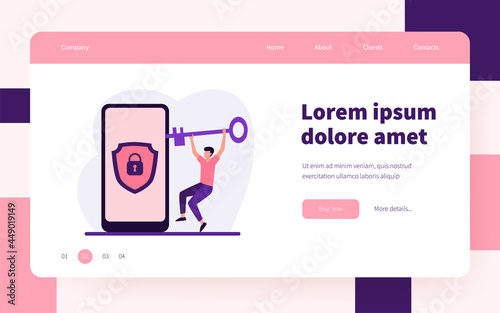 Tiny man unlocking mobile phone with golden key. Padlock, smartphone, lock flat vector illustration. Security and protection concept for banner, website design or landing web page