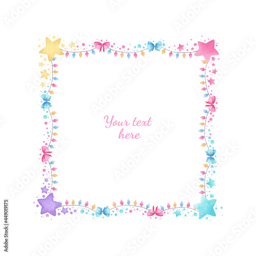 Nice square watercolor frame for your design. Beautiful festive frame with hand drawn stars, garlands, glitter, confetti watercolor  red, green, yellow elements on white background. © tata_sphere