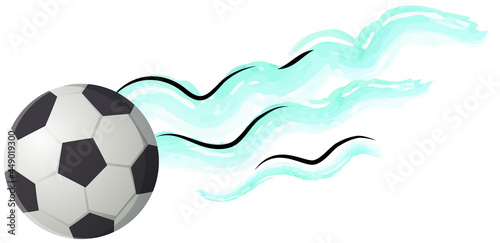 Soccer ball flies after strong hit leaves trail, black and white leather ball to play football on white background. Football spherical object with patches, sport equipment for playing soccer game