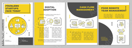 Startup problems yellow brochure template. Digital adoption. Flyer, booklet, leaflet print, cover design with linear icons. Vector layouts for presentation, annual reports, advertisement pages