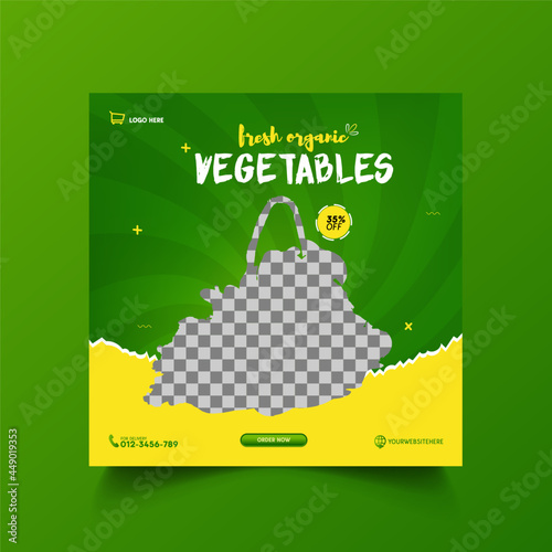 Healthy vegetables social media post and banner design with green sunburst background. Vector design usable for social media, flyers, banners, and web internet ads.