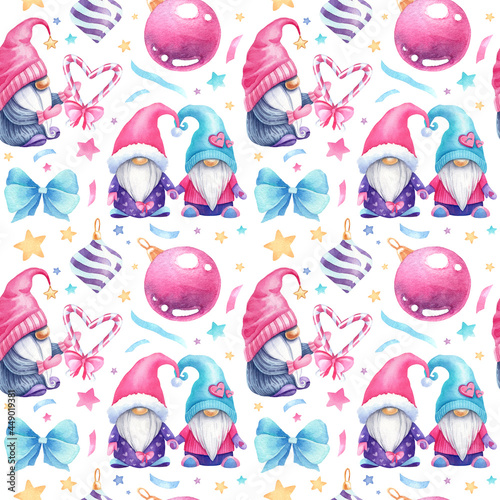 Nice endles texture on white background. Watercolor seamless pattern for your Christmas design. Nordic gnomes, christmas balls, blue bows, hearts, stars, confetti.