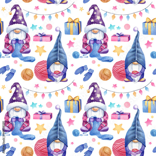 Watercolor endles texture on white background. Nice seamless pattern for your Christmas design. Nordic gnome knitting, mug of cocoa, present in box, knitting threads, stars. confetti, balls.