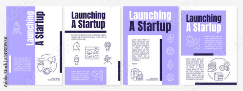 Launching startup purple brochure template. Business development. Flyer, booklet, leaflet print, cover design with linear icons. Vector layouts for presentation, annual reports, advertisement pages