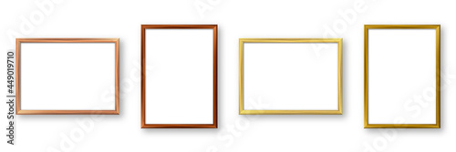 Realistic wooden picture frames with shadow isolated on white background. Blank poster mockup. Empty photo frame. Vector illustration.