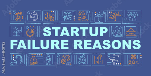 Startup problems word concepts banner. Business challenges. Infographics with linear icons on blue background. Isolated creative typography. Vector outline color illustration with text