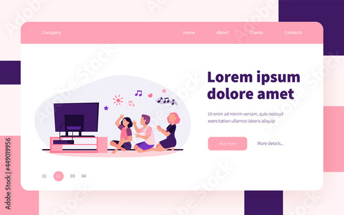 Happy people sitting on floor and listening music channel. TV, home, friend flat vector illustration. Leisure and entertainment concept for banner, website design or landing web page