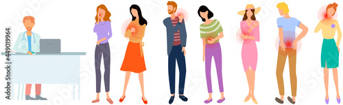 Sad people suffering from pain in joints. Painful sensations of sick people. Men and women grabs their hands to sore knee, elbow, back, shoulder. Patients with sore joints in consultation with doctor