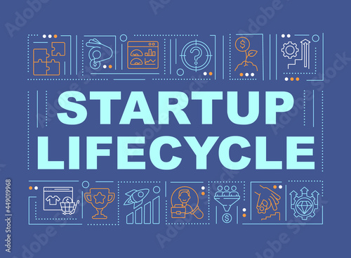 Startup development word concepts banner. Phases for business progress. Infographics with linear icons on blue background. Isolated creative typography. Vector outline color illustration with text
