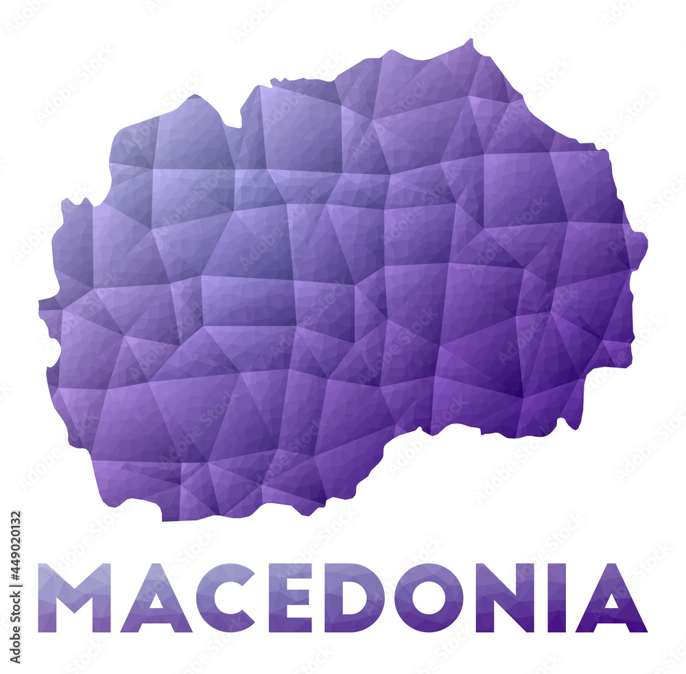 Map of Macedonia. Low poly illustration of the country. Purple geometric design. Polygonal vector illustration.