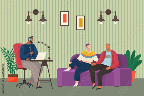 Characters giving interview to journalist. Live report, press conference with guests of radio station. People communicate during podcast. Live communication at interview. Recording audio podcast