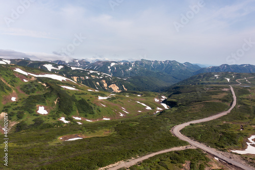 Beautiful mountain landscape of Vilyuchinsky Pass at sunny day. Kamchatka Peninsula, Russia photo