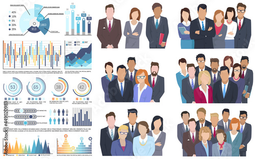 Project team man and woman business characters dressed formally isolated on white. Employee group office colleagues businessmen wearing in formal suit. Statistics charts and graphs dynamic performance