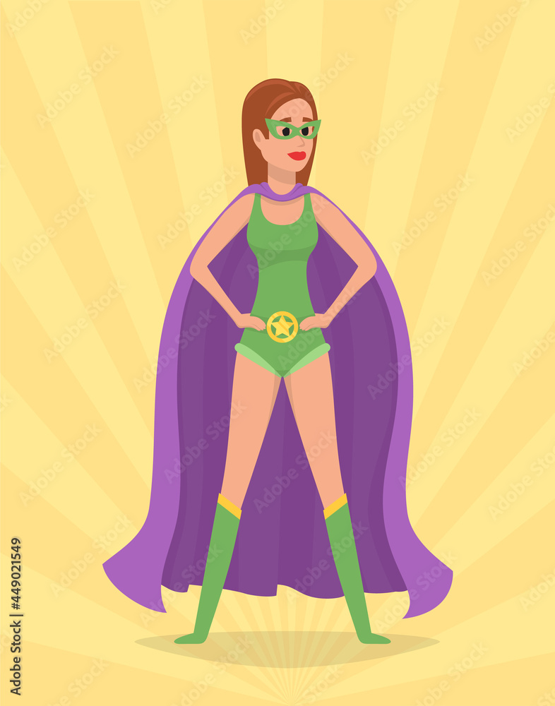 Superwoman smiling, waving hand and has superpowers. Cartoon character in superhero costume with cloak, mask and emblem stands on white background. Strong person protects people from villains