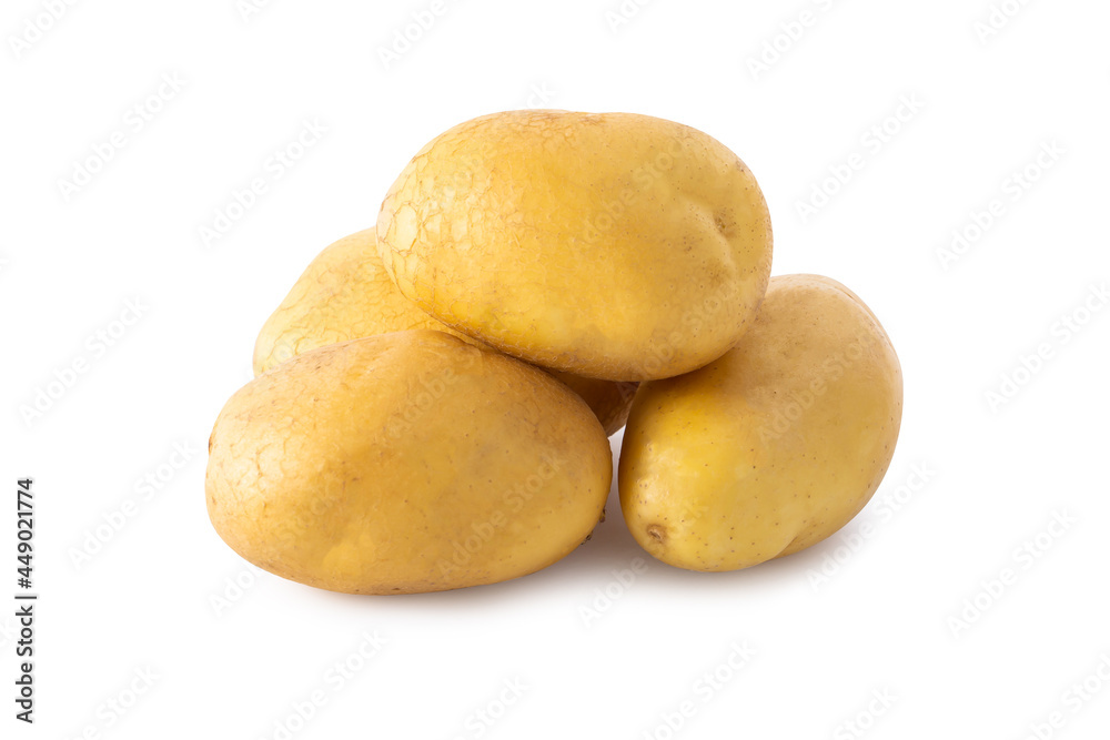 Pile of raw potatoes isolated on white background.