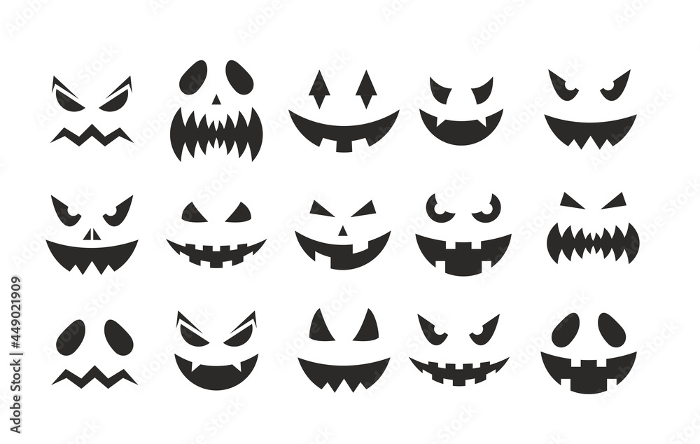 October party scary black clipart collection, spooky pumpkins facial expression, smiling ghost face on Halloween party isolated on white. Halloween pumpkin jack-o-lantern faces vector illustration