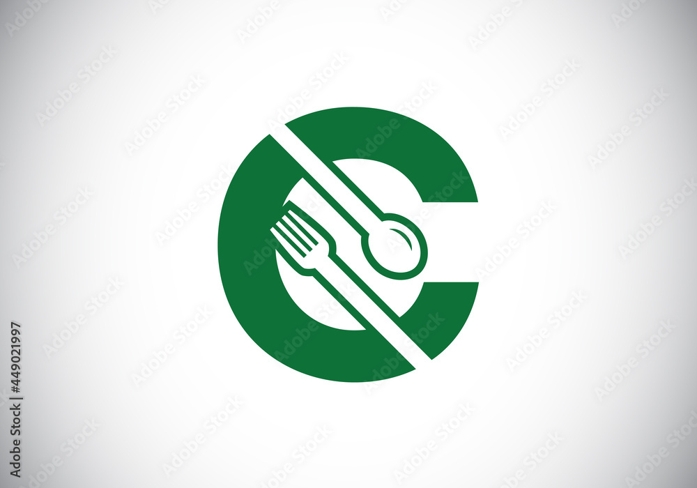 Initial C monogram alphabet with a fork, spoon. Font emblem. Modern vector logo for cafe, restaurant, cooking business, and company identity Initial C monogram alphabet with a fork, spoon. Font emblem. Modern vector logo for cafe, restaurant, cooking business, and company identity