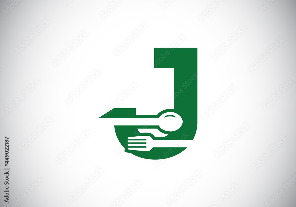 Initial J monogram alphabet with a fork, spoon. Font emblem. Modern vector logo for cafe, restaurant, cooking business, and company identity Initial J monogram alphabet with a fork, spoon. Font emblem. Modern vector logo for cafe, restaurant, cooking business, and company identity