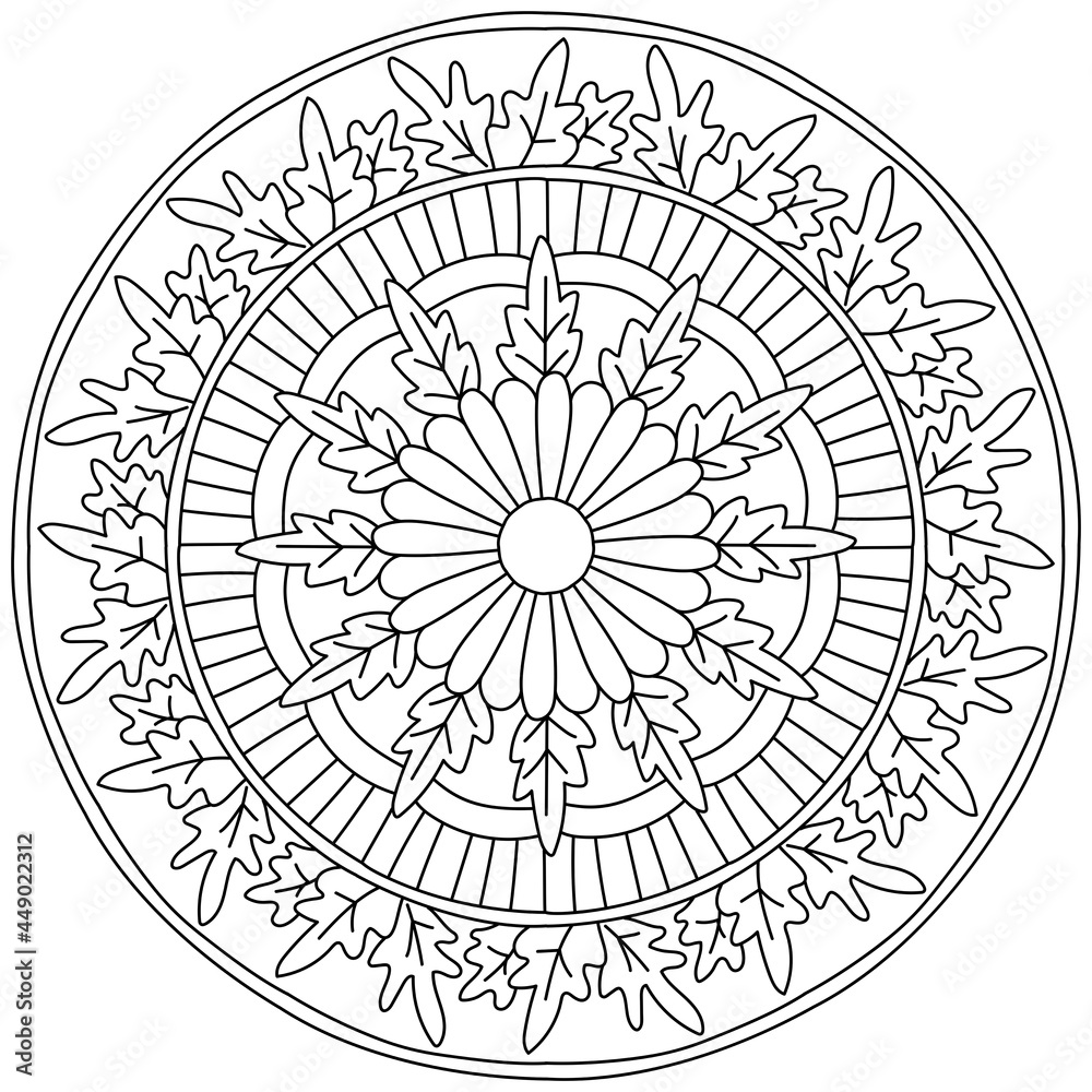 Linear mandala with carved leaves and multi-petaled flower in the center, coloring page with plant elements