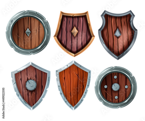 Wooden shield vector illustration set, medieval game knight armor, old cracked fantasy RPG battle item. Viking warfare safety clipart isolated on white, UI award badge collection. Game shield icon