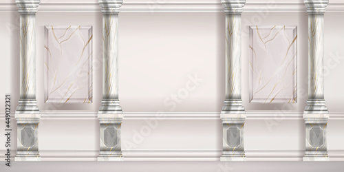 Marble pillar vector background, Roman classic palace room wall, Greek interior, stone column. Antique 3D royal indoor illustration, decorative museum colonnade backdrop. Marble pillar arcade banner