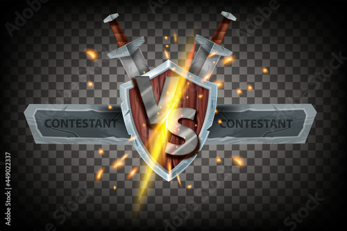 VS game fight banner, vector battle icon, medieval wooden shield, sword, metal letters, fire sparks. ESport duel competition logo, stone contestant team name frame. VS championship emblem energy clash