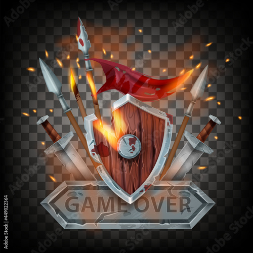 Game over final badge, battle end sign, medieval wooden shield, spear, sword, fire sparkles, burning banner. UI fantasy defeat logo, lose label, warrior armor on transparent background. Game over icon