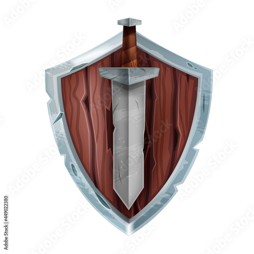 Wooden game shield badge, vector medieval knight battle armor, iron sword isolated on white. UI fight fantasy RPG clipart, Viking military attack inventory award sign, epic fight icon. Old game shield