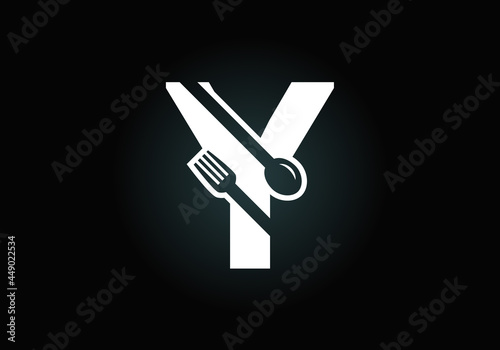Initial Y monogram alphabet with a fork, spoon. Font emblem. Modern vector logo for cafe, restaurant, cooking business, and company identity