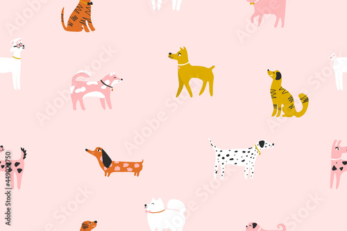 Seamless pattern with cute dogs in collars with a bow ties: dachshund, terrier, doberman, samoyed, poodle, akita inu, labrador, dalmatian. Animal pattern for kids textile, fabric, wrapping paper. 