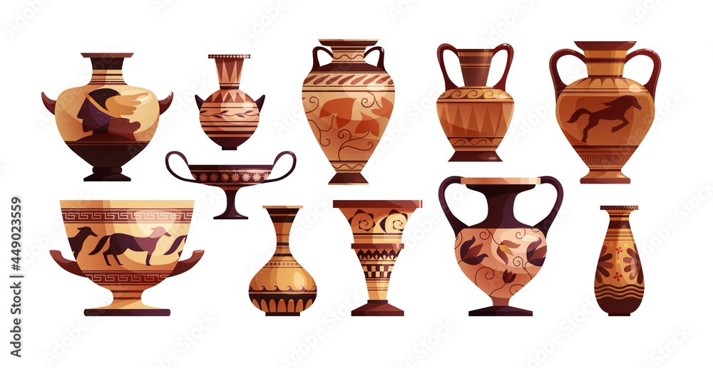 Antique Greek vase with decoration. Ancient traditional clay jar or pot for wine. Vector cartoon illustration. Antique Greek vase with decoration. Ancient traditional clay jar or pot for wine. Vector cartoon illustration.