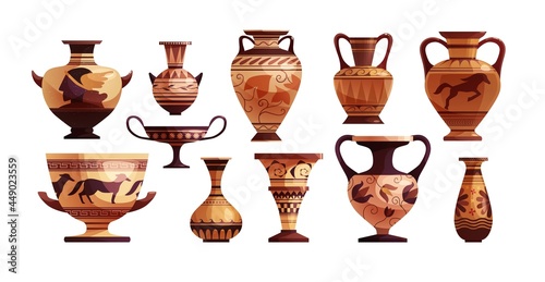 Antique Greek vase with decoration. Ancient traditional clay jar or pot for wine. Vector cartoon illustration.