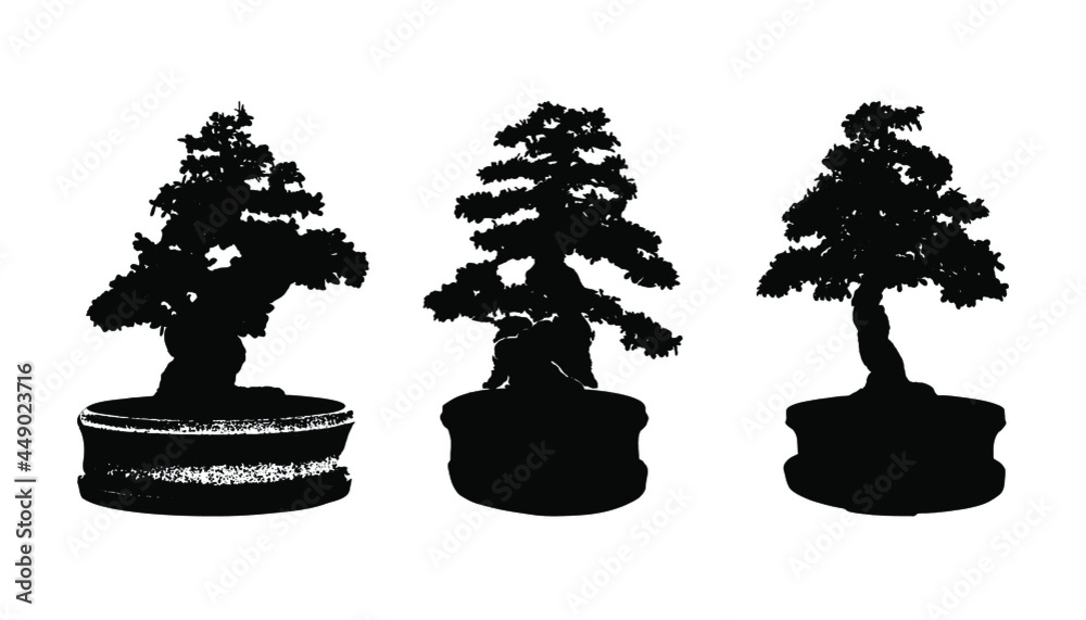 Set of silhouette of bonsai vector illustration on white background. Set of silhouette of bonsai vector illustration on white background.