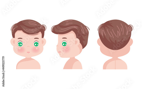 red hair little boy. front, side and rear view. head of preschool character. 