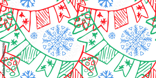 seamless New Year or Christmas pattern with snowflakes and doodle flags drawn by hand on a white background